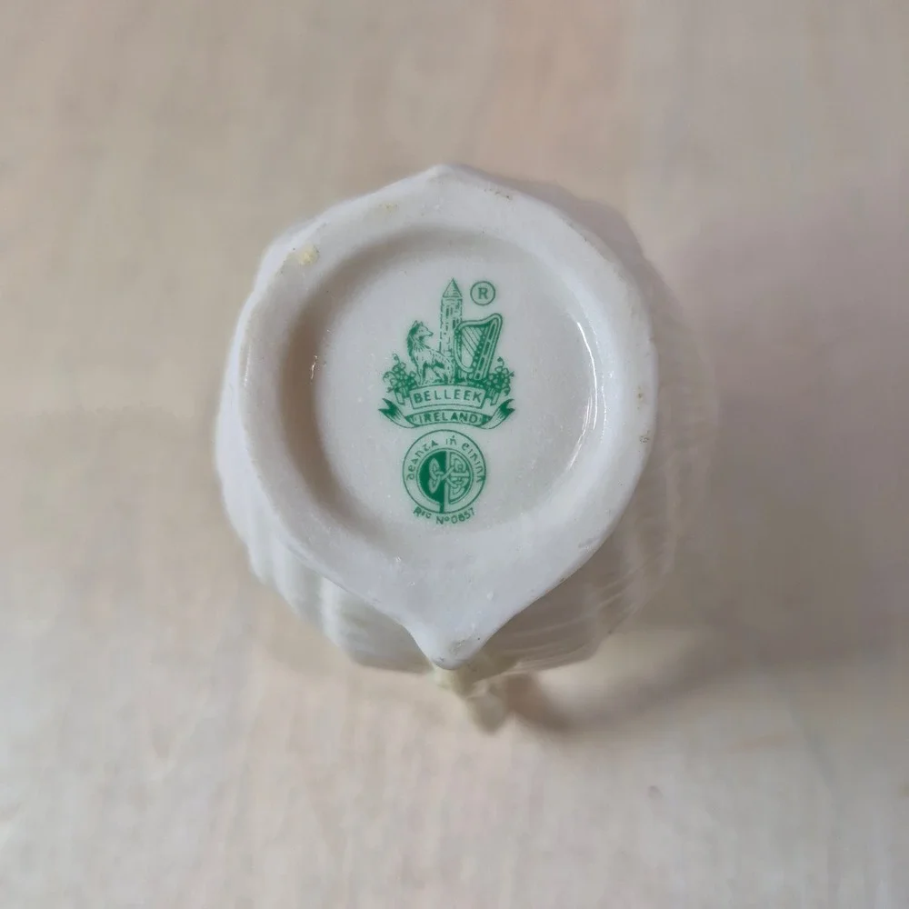 Belleek Ireland Shell Creamer Pitcher 6th Green Mark Fine Parian China Ivory 4in